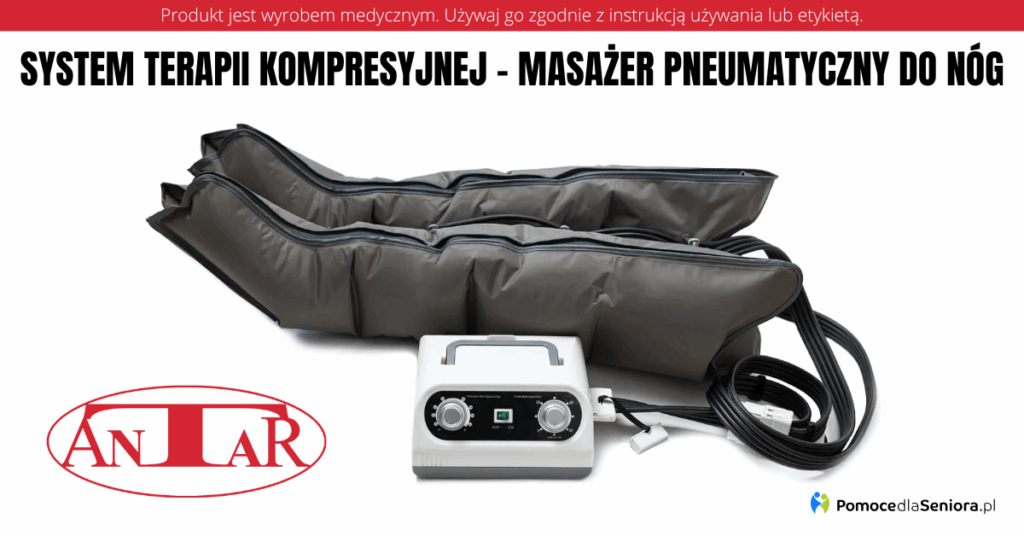 System terapii kompresyjnej do nóg – masażer pneumatyczny marki Antar z mankietami i panelem sterującym.