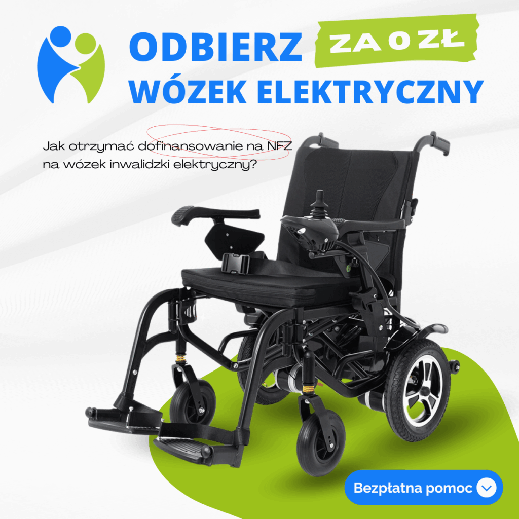 Czarny wózek elektryczny na białym tle z napisem „Odbierz za 0 zł – wózek elektryczny” oraz hasłem o dofinansowaniu z NFZ.