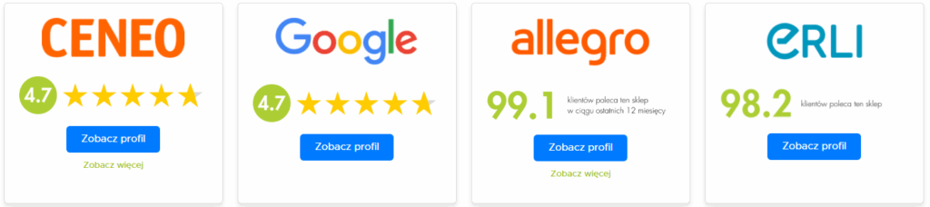 Opinie o sklepie PomoceDlaSeniora.pl na platformach Ceneo, Google, Allegro i Erli – oceny 4.7 oraz rekomendacje powyżej 98%.