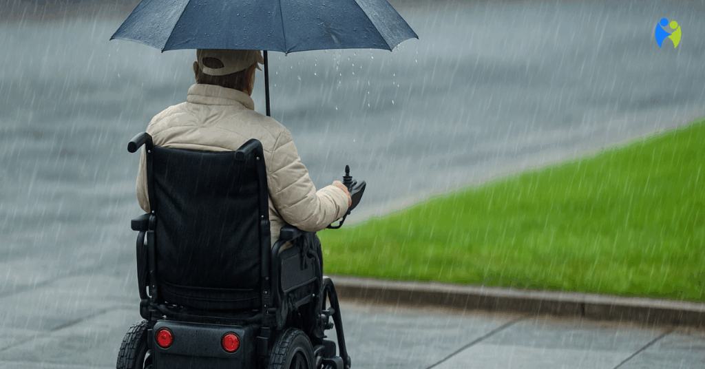 Osoba poruszająca się na wózku inwalidzkim elektrycznym jedzie w deszczu po miejskim chodniku, mając na sobie kurtkę przeciwdeszczową. Wózek osłonięty jest folią ochronną przed wilgocią.
