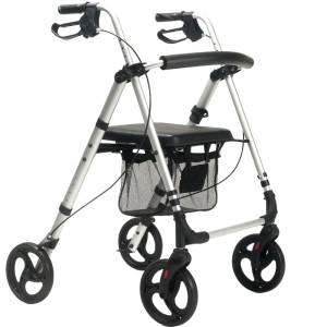 Balkonik chodzik czterokołowy rehabilitacyjny aluminiowy z regulacją wysokości siedziska ECO PLUS kolor SREBRNY