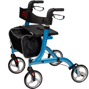 Lekki chodzik rehabilitacyjny czterokołowy aluminiowy z siedziskiem i torbą AT51046