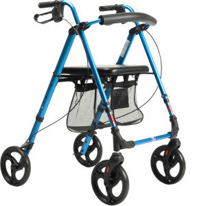 Balkonik chodzik czterokołowy rehabilitacyjny aluminiowy z regulacją wysokości siedziska ECO PLUS kolor NIEBIESKI