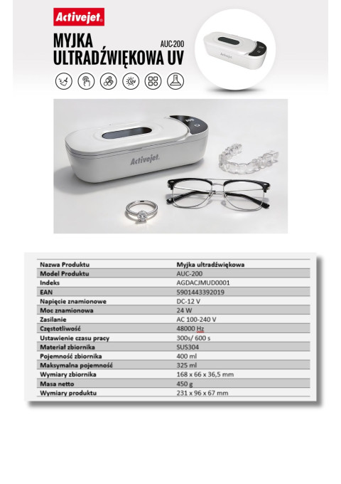 Myjka ultradźwiękowa UV Activejet AUC-200 do protez, okularów i biżuterii - Galeria zdjęcie 15