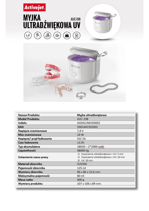 Myjka ultradźwiękowa UV Activejet AUC-198 do protez, aparatów ortodontycznych i biżuterii - Galeria zdjęcie 11